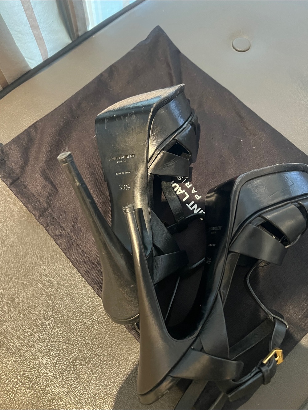 Saint Laurent Black Leather Woven-Strap Slingback Heels - Picture 5 of 5